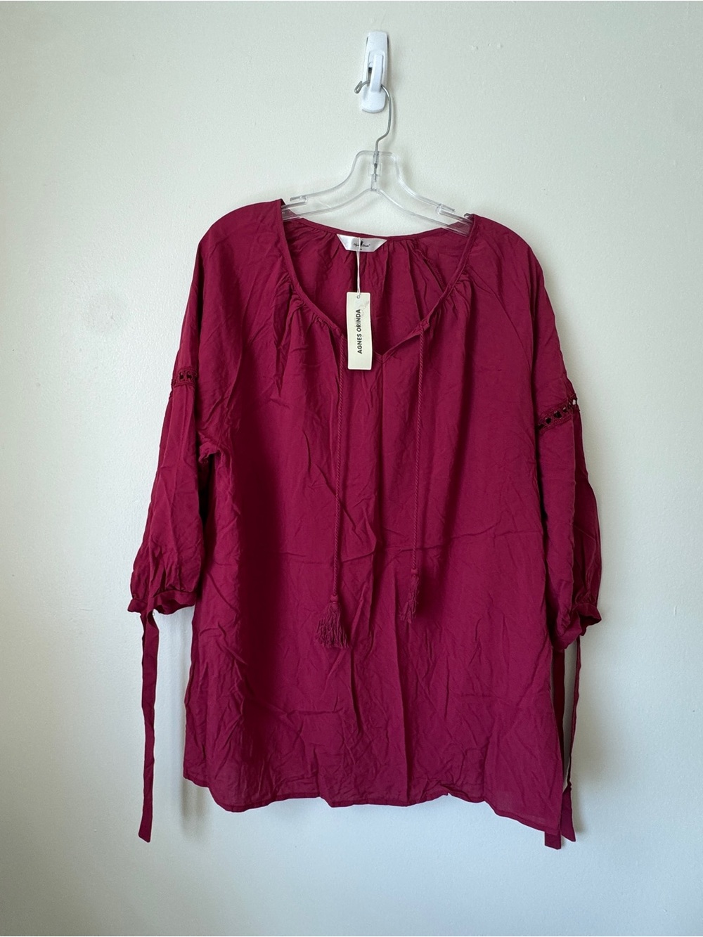 Agnes Orinda Plus Size Boho Peasant Blouse 2X Burgundy Tassel Tie Top